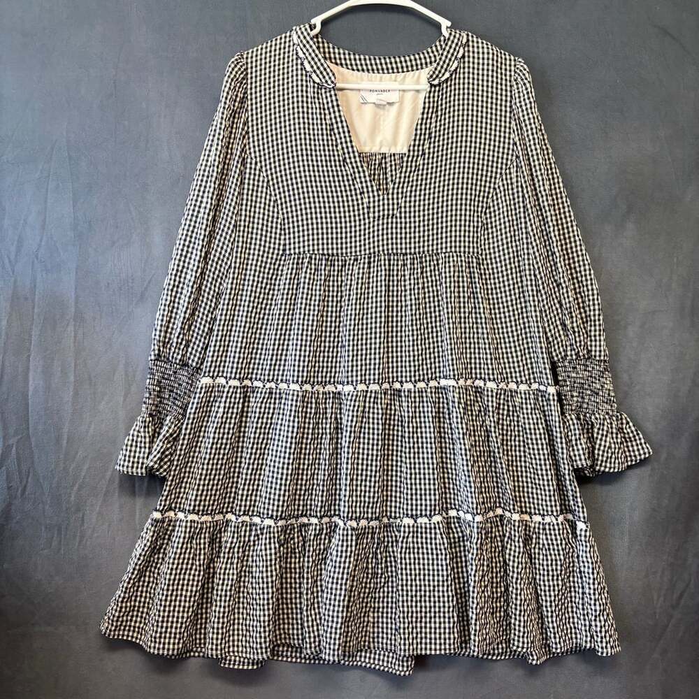 Pomander Place Dress Size XL Black Gingham Tiered Long Sleeve Mini